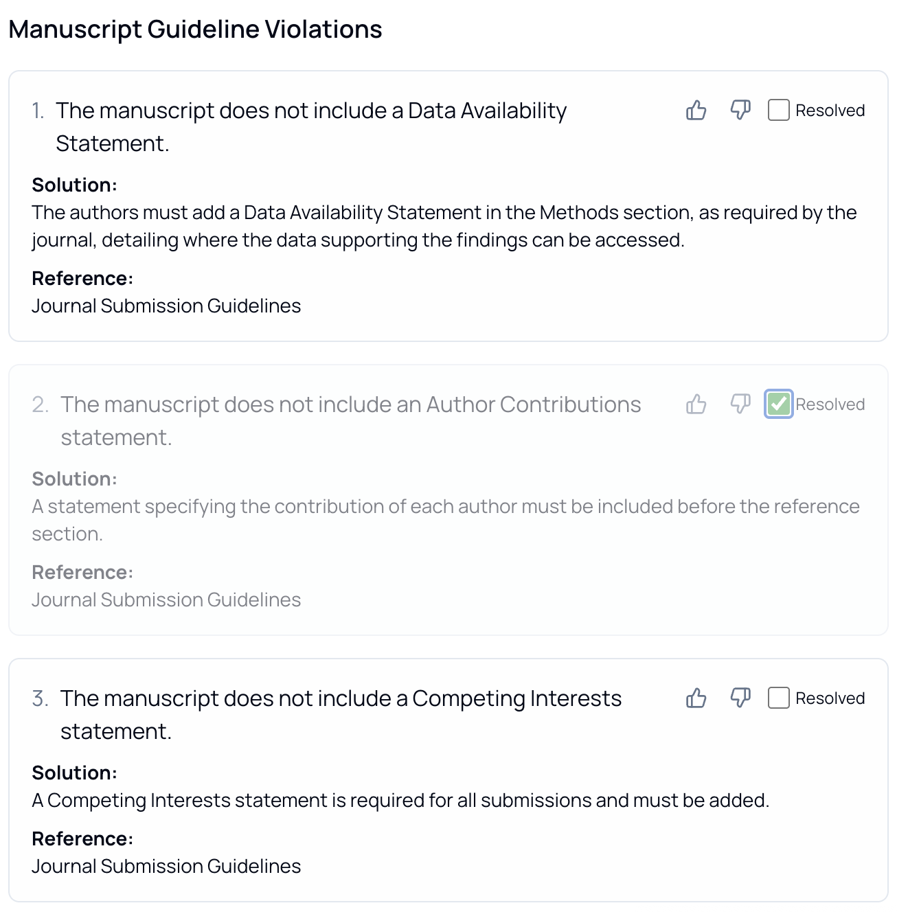 Journal guideline violations display showing specific policy requirements