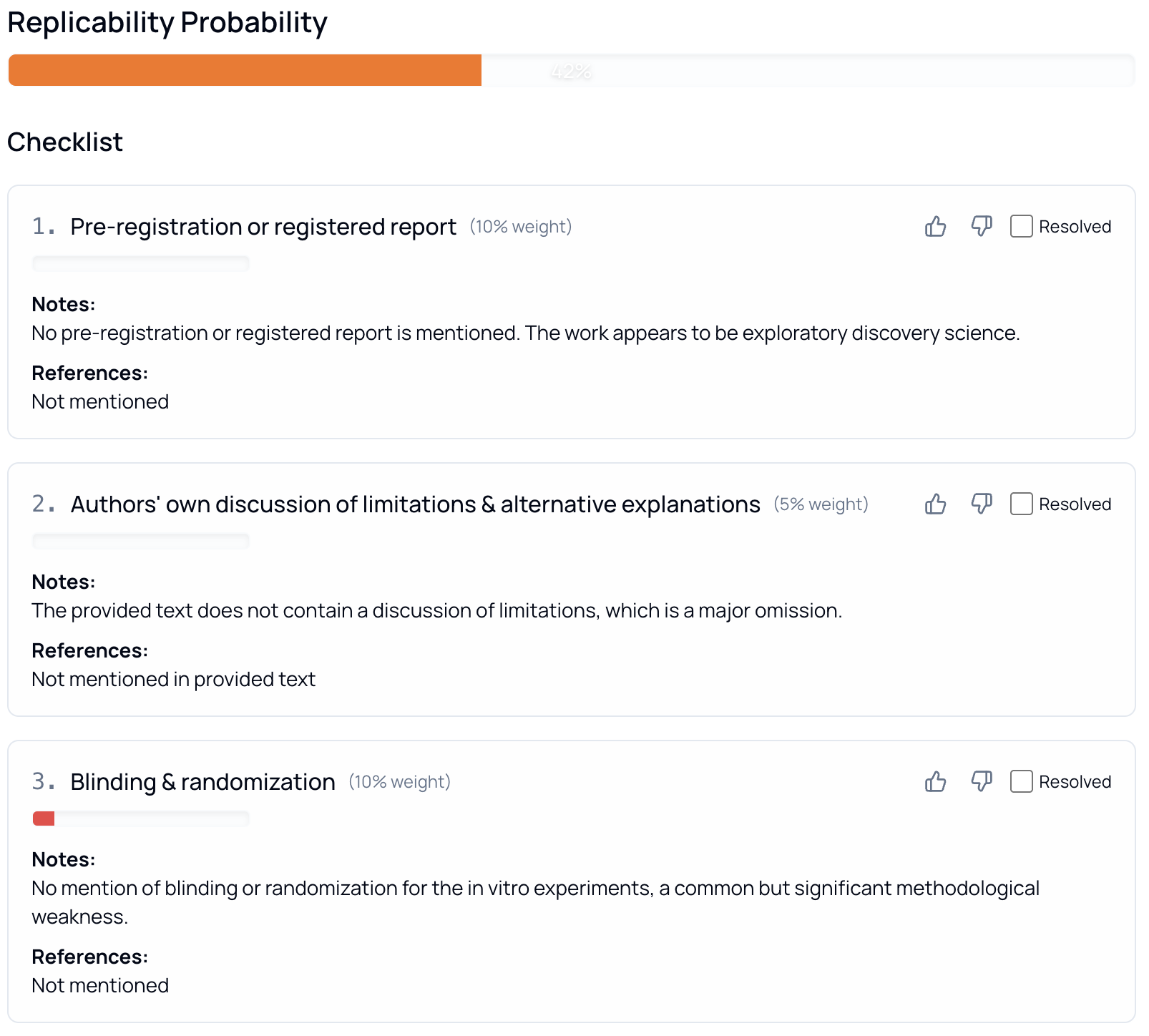 Replicability assessment showing probability bar and detailed criteria checklist