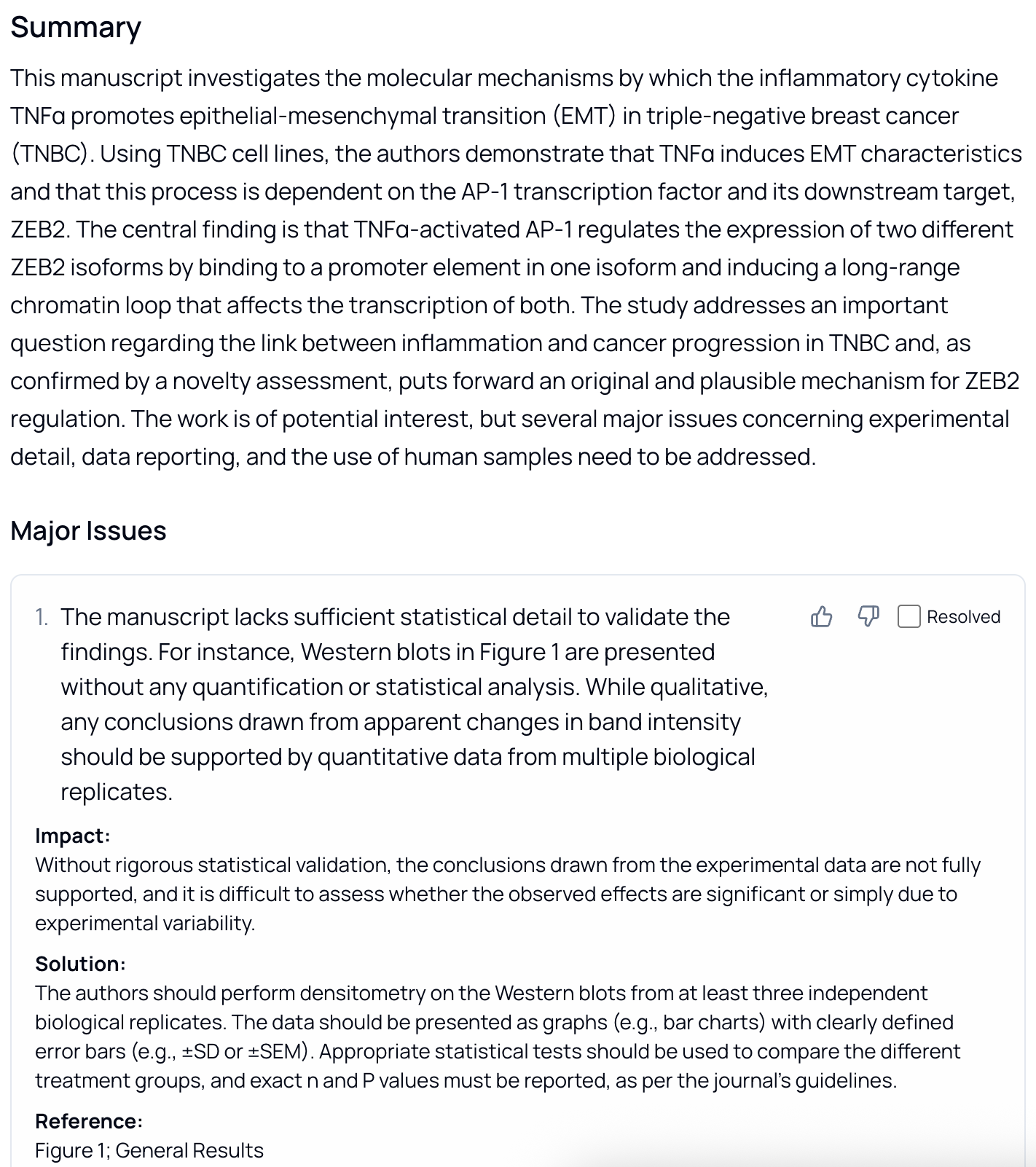 AI-generated review summary showing structured feedback organized into actionable sections